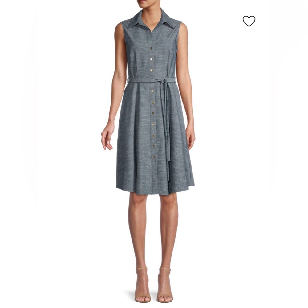 SHARAGANO Belted A-Line Chambray Dress sleeveless button down size 10